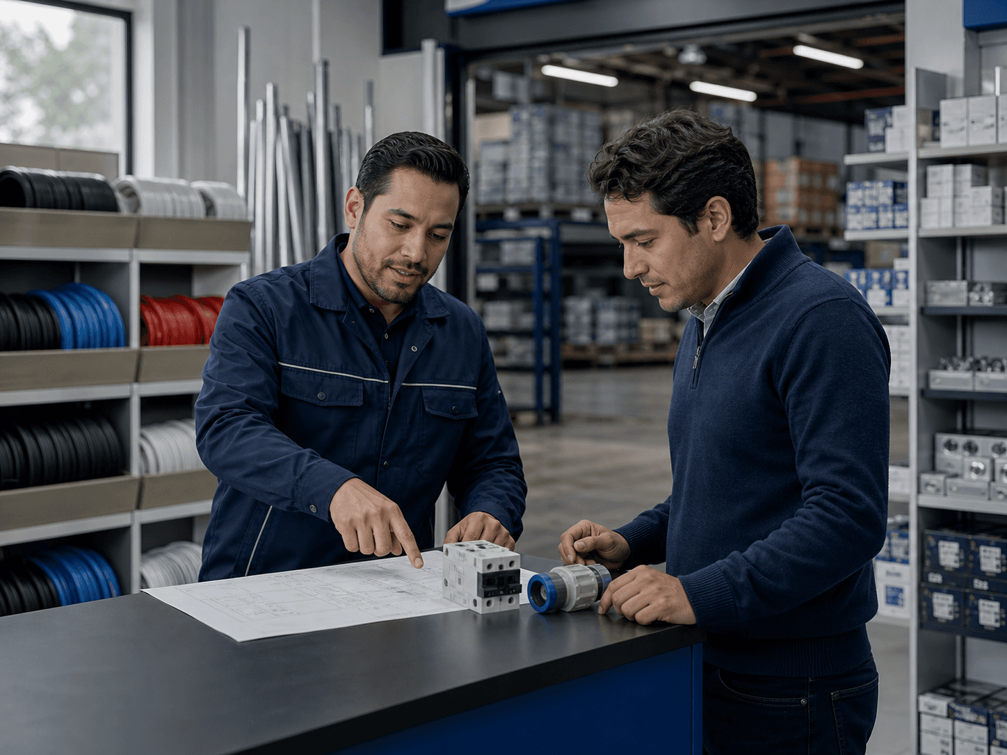 Asesor de Interelectro orientando a un cliente sobre su proyecto eléctrico