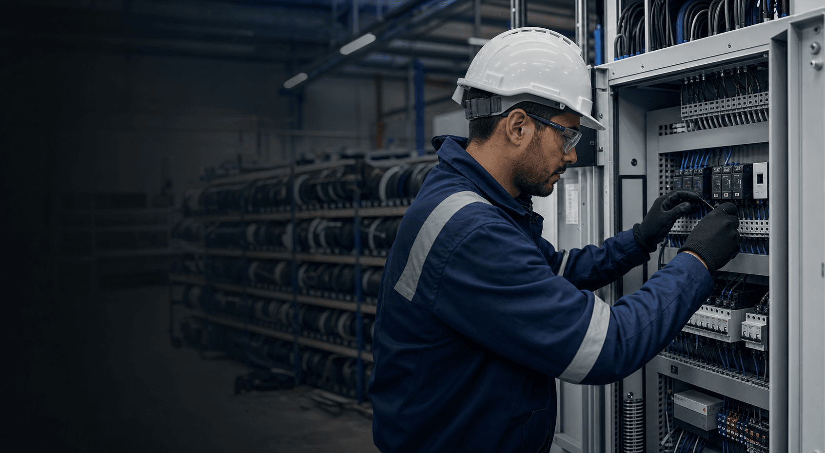 Técnico eléctrico inspeccionando un tablero de control